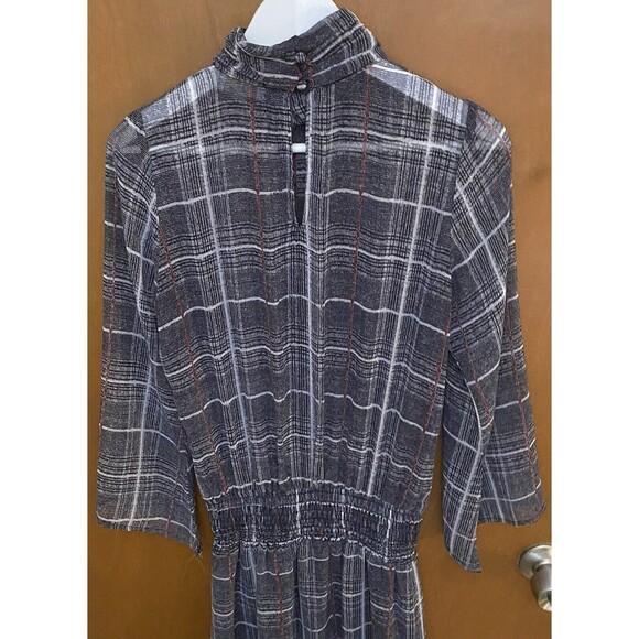 VERONICA M Mini Dress Sheer Plaid High Neck Smocked Bell Sleeves Womens S Black - Picture 3 of 11
